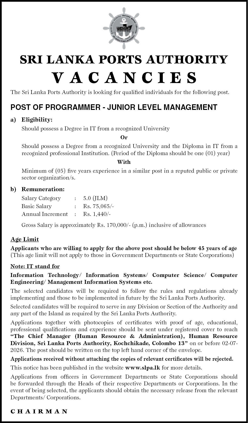 Sri Lanka Ports Authority (SLPA) Programmer Vacancies 2026