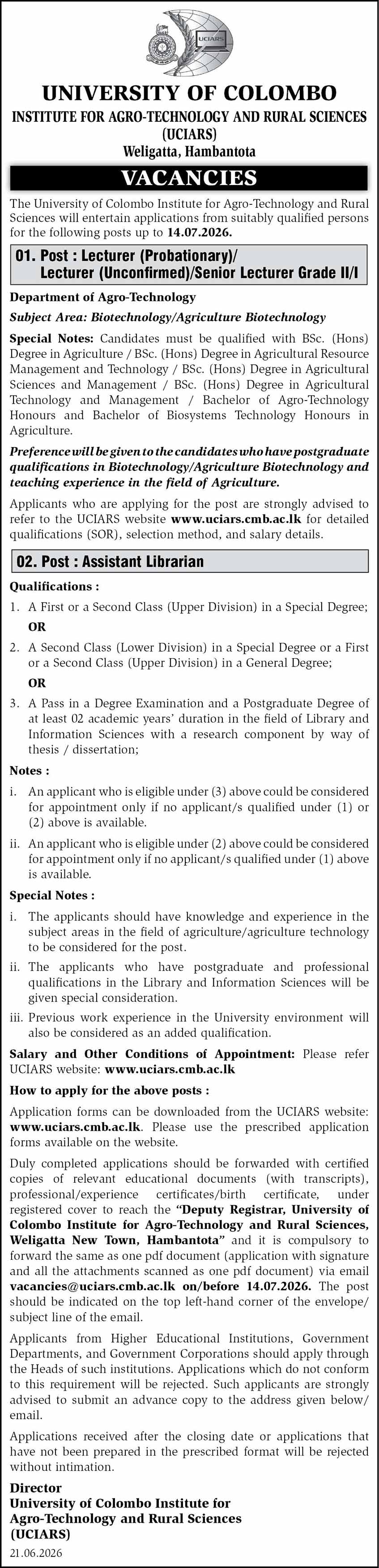 University of Colombo (UCIARS) Vacancies 2026 - Lecturer, Assistant Librarian
