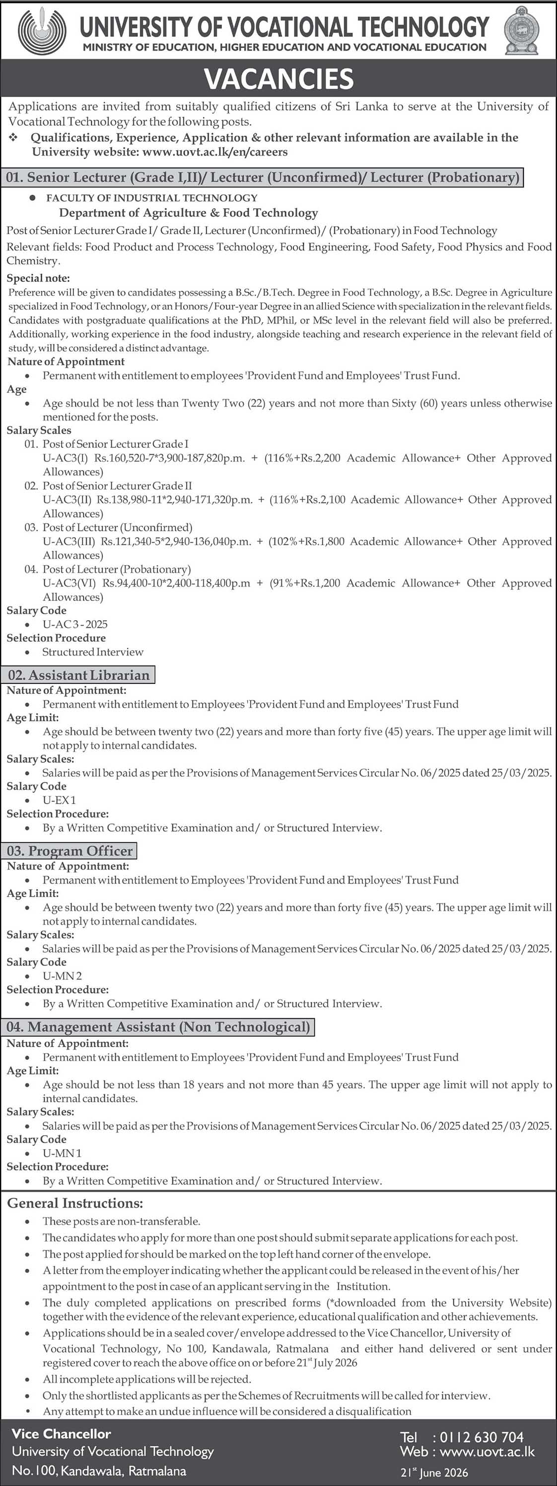 UoVT Vacancies 2026 - Lecturers, Assistant Librarian, Program Officer, Management Assistant