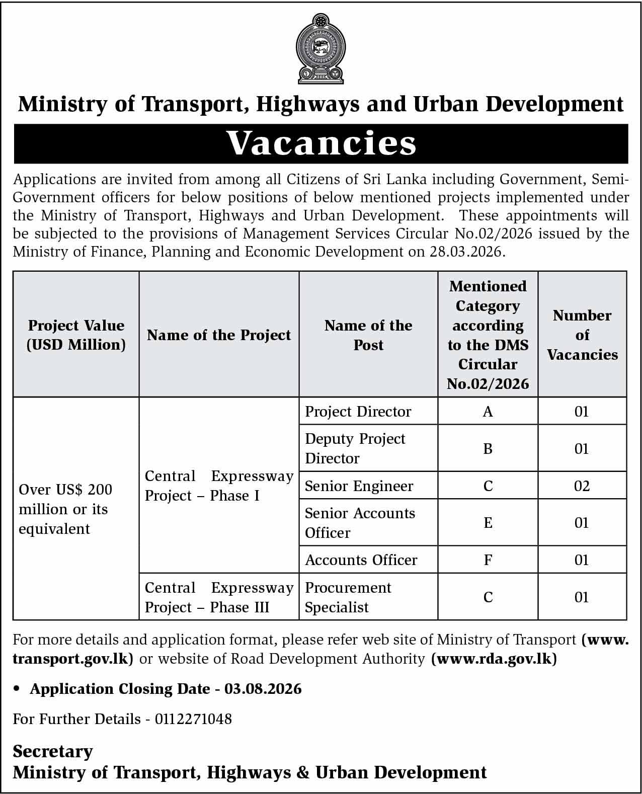 Central Expressway Project Phase I & III Job Vacancies 2026