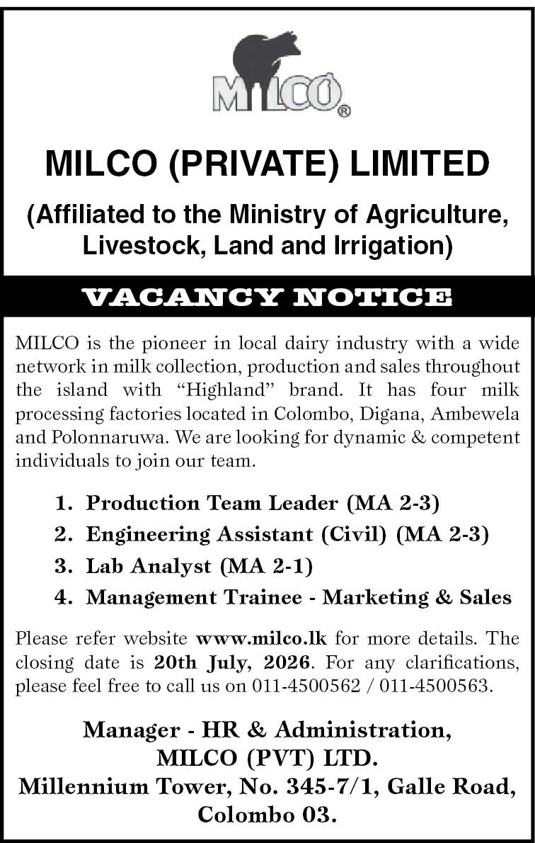 MILCO Vacancies 2026 - Management Trainee, Production Team Leader, Engineering Assistant, Lab Analyst