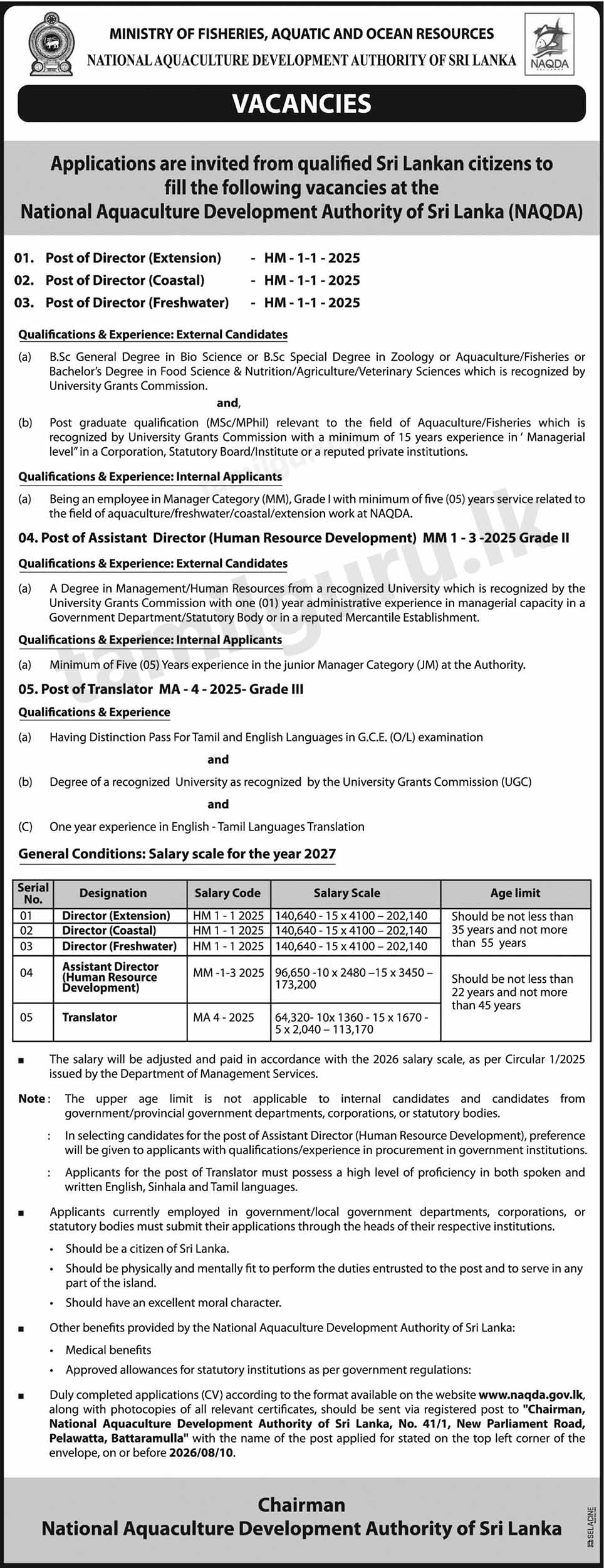 National Aquaculture Development Authority (NAQDA) Vacancies 2026 - Director, Assistant Director, Translator