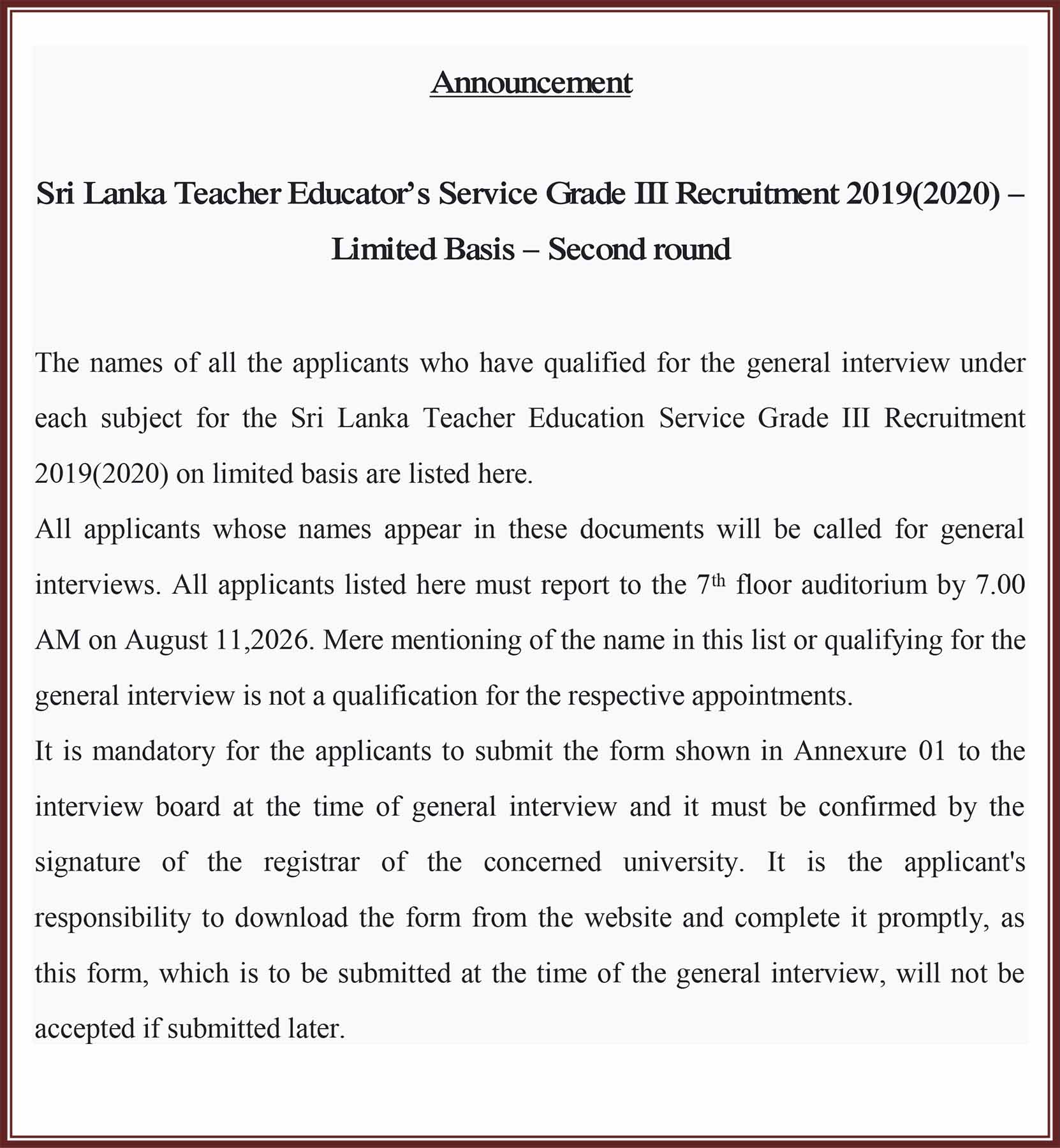 SLTES Limited Recruitment Interview List (Round 02) Released 2026