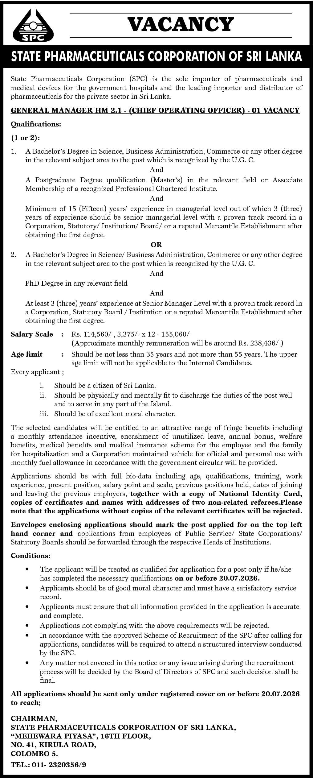 State Pharmaceuticals Corporation (SPC) Vacancies 2026 - General Manager (COO)