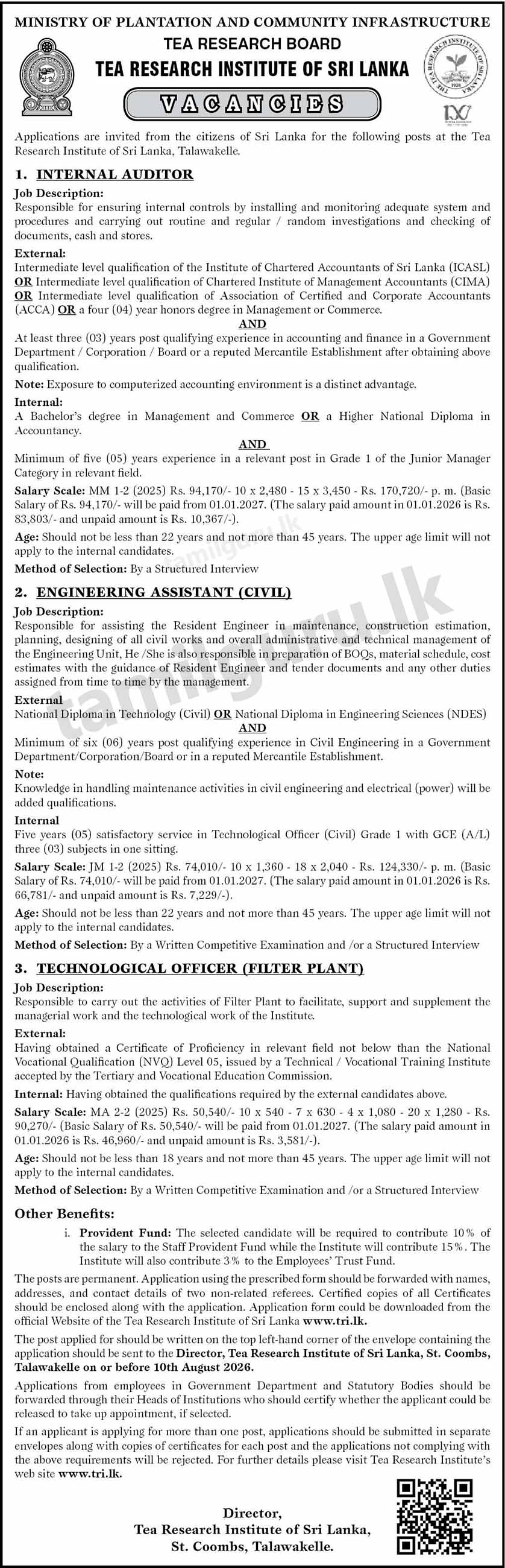 Tea Research Institute Vacancies 2026 - Internal Auditor, Engineering Assistant, Technological Officer