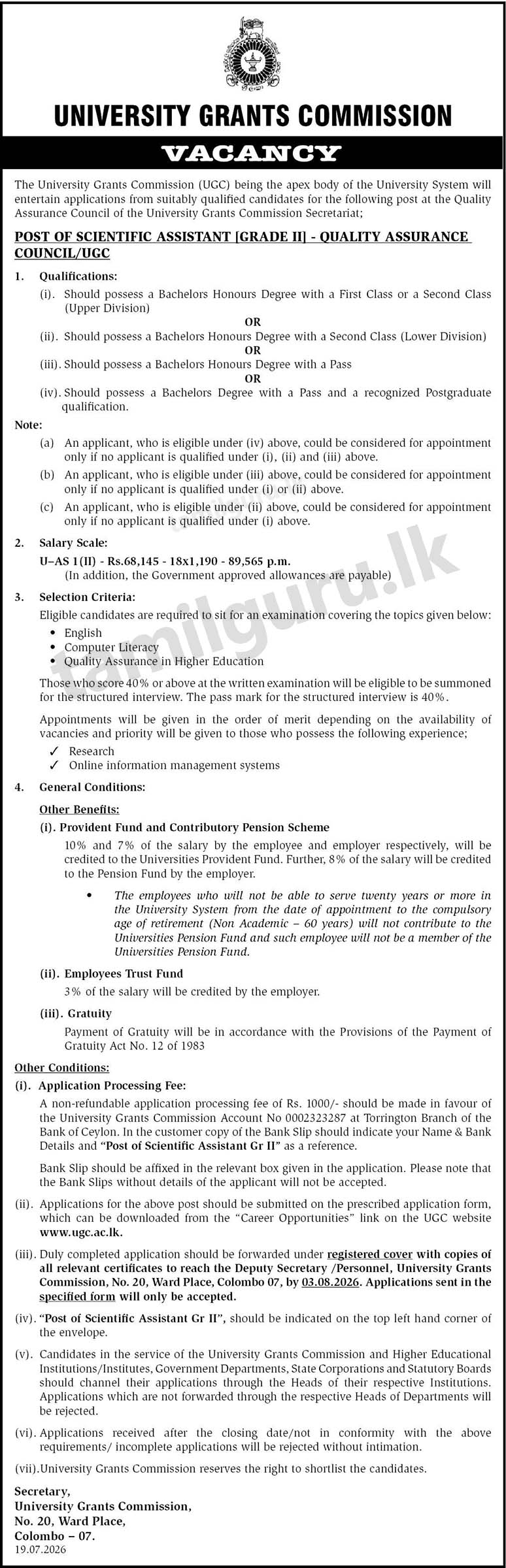 UGC Vacancy 2026 - Scientific Assistant