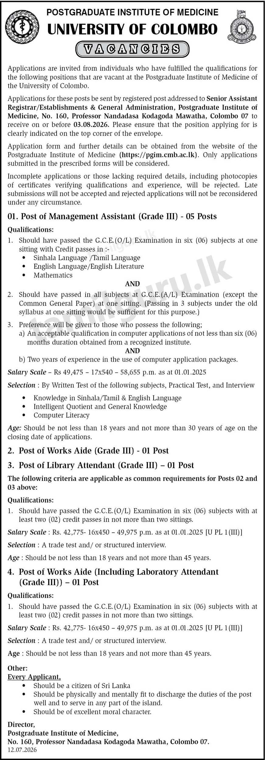 University of Colombo (PGIM) Vacancies 2026 - Management Assistant, Works Aide, Library Attendant