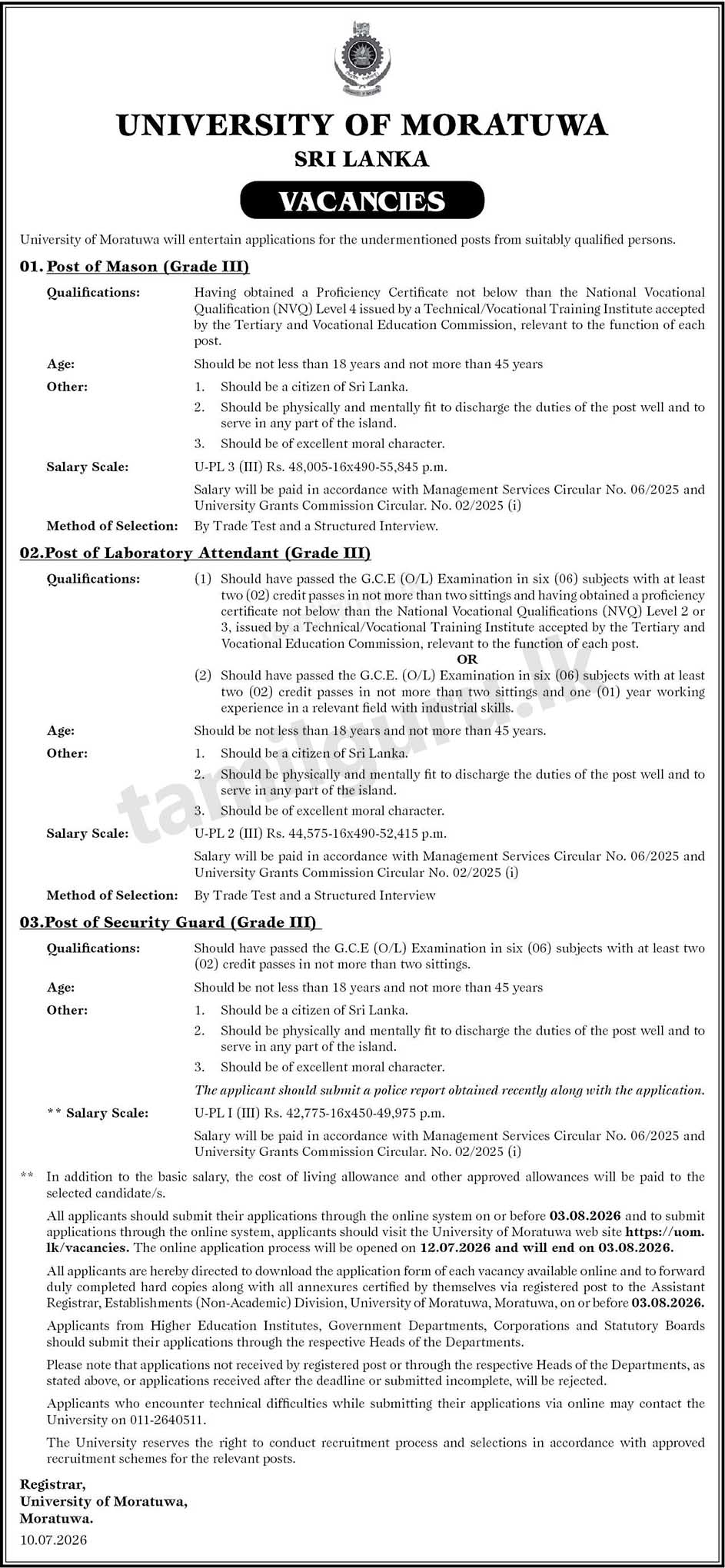 University of Moratuwa Vacancies 2026 - Mason, Laboratory Attendant, Security Guard
