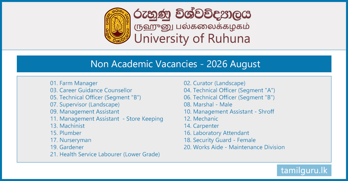 University of Ruhuna Non-Academic Vacancies - 2026 August