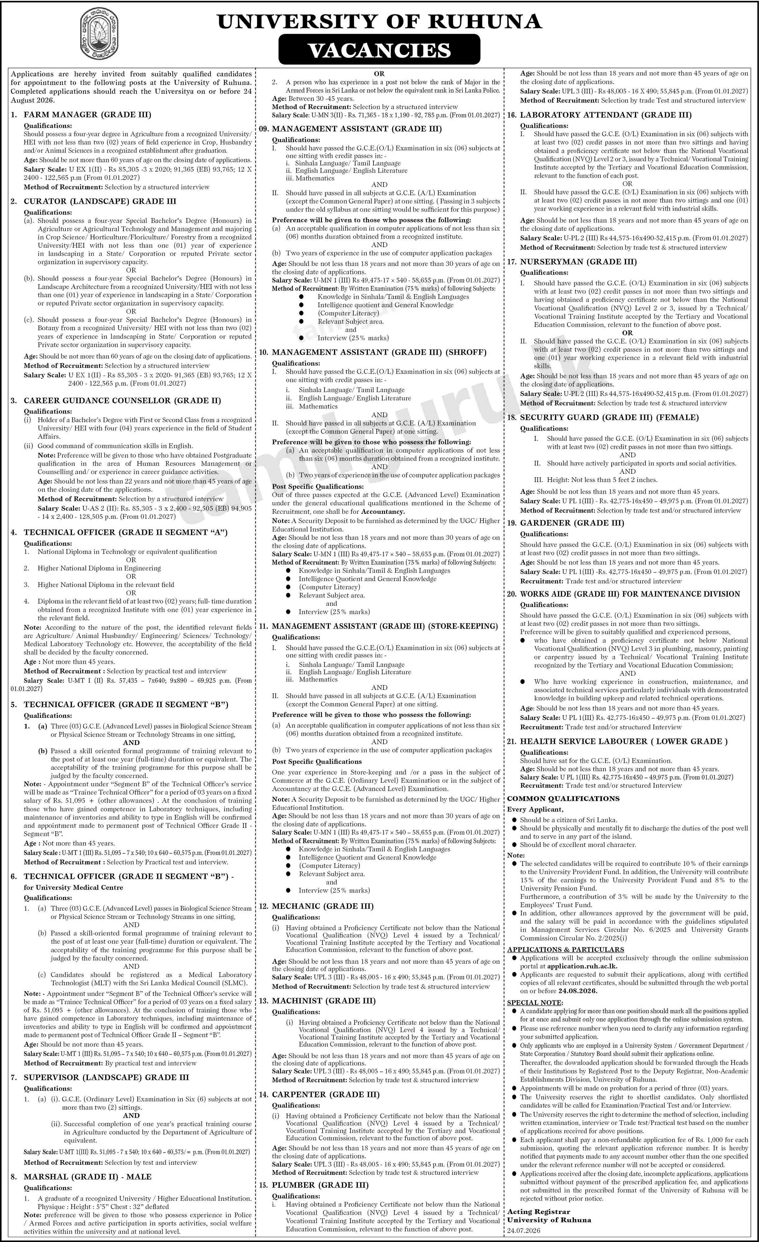 University of Ruhuna Vacancies 2026 August