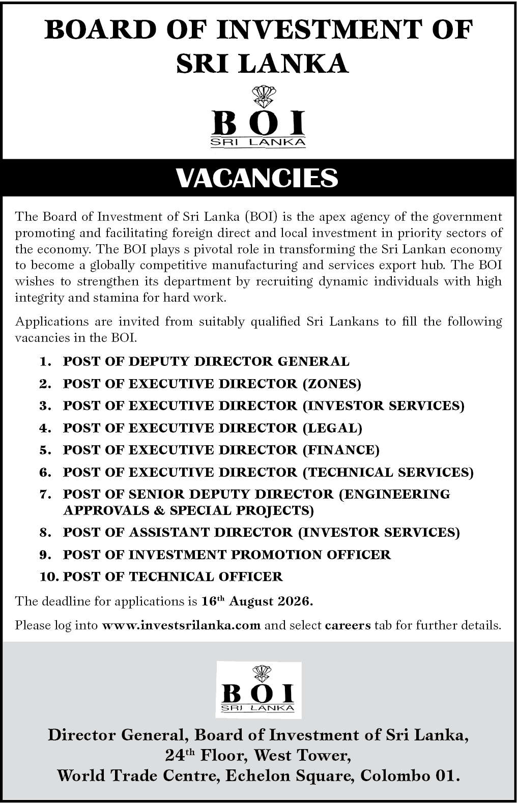 Board of Investment (BOI) Vacancies 2026 August