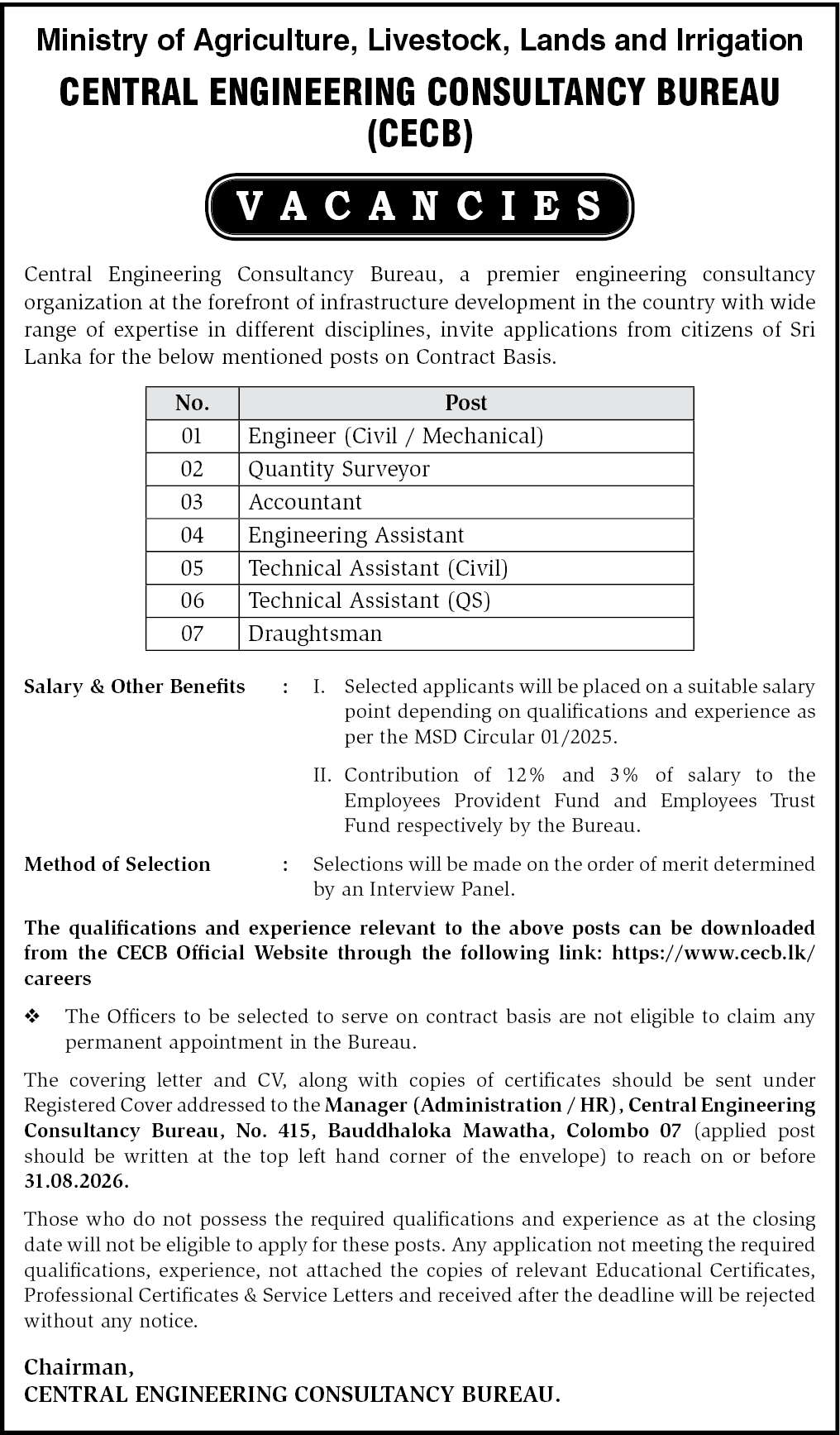 Central Engineering Consultancy Bureau (CECB) Job Vacancies 2026 August