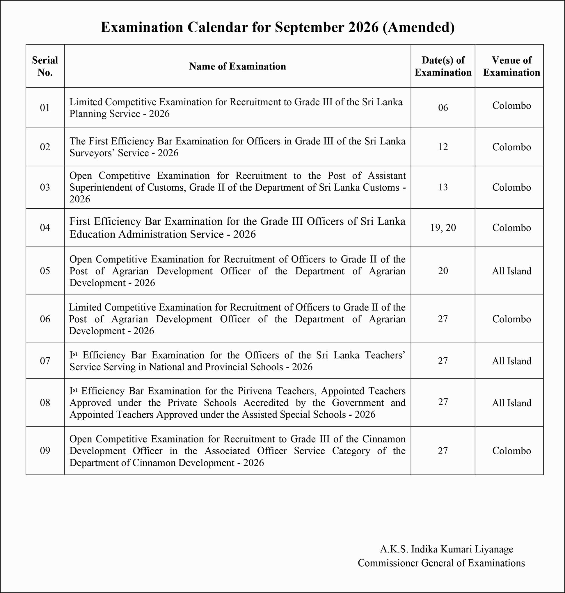 Examination Calendar for September 2026 - Department of Examinations