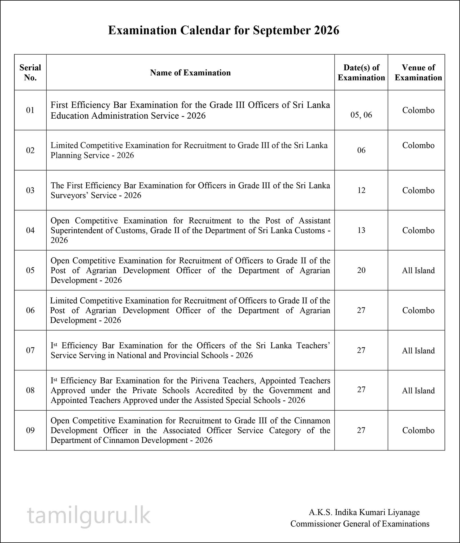 Examination Calendar for September 2026 - Department of Examinations