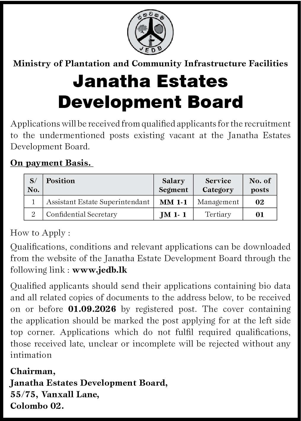 Janatha Estates Development Board (JEDB) Job Vacancies 2026 August