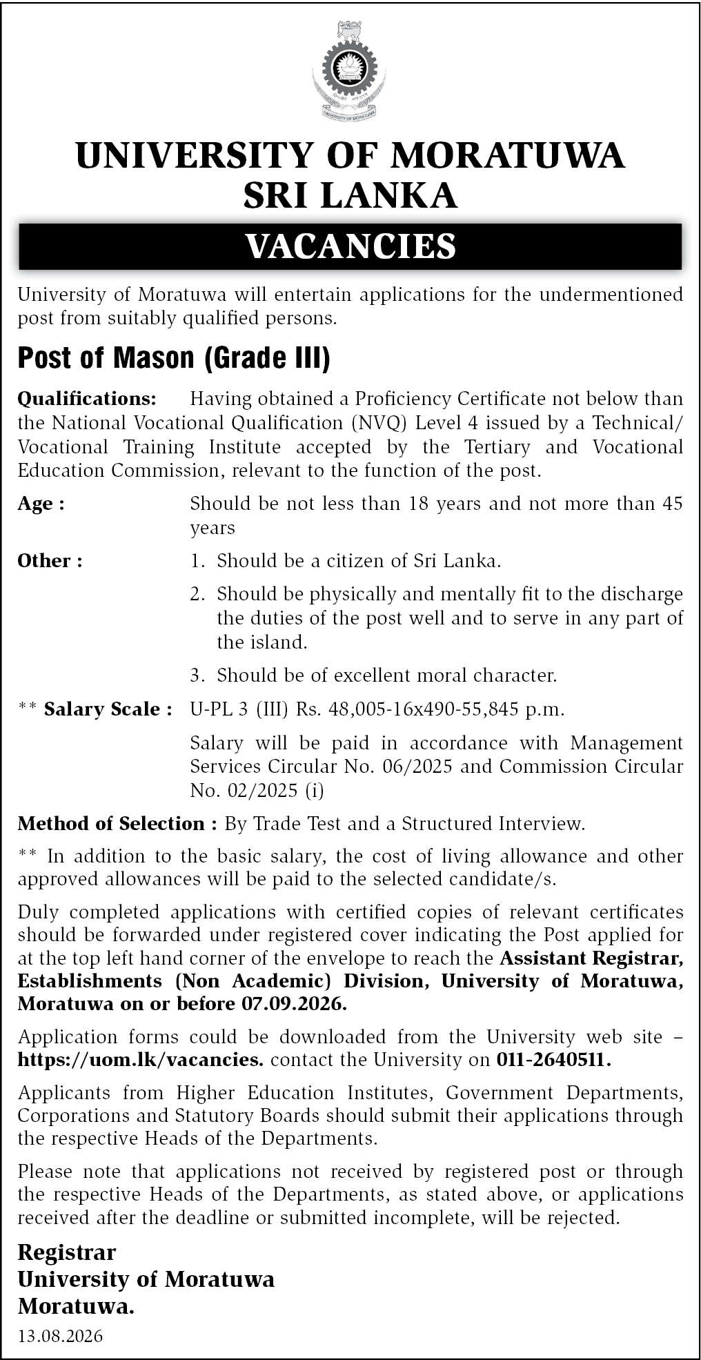 University of Moratuwa Vacancies 2026 - Post of Mason