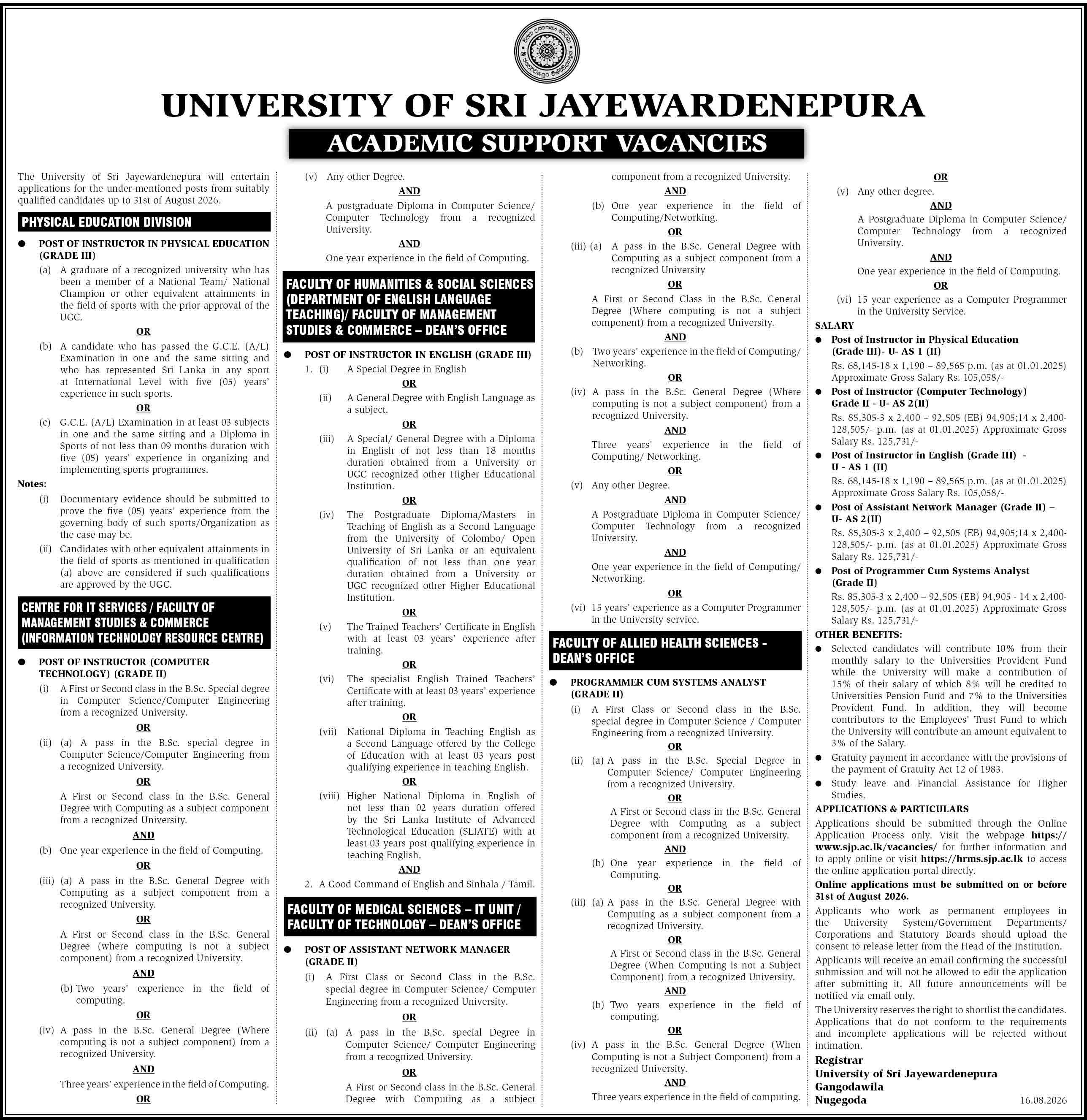 University of Sri Jayewardenepura Academic Support Staff Vacancies 2026 Aug