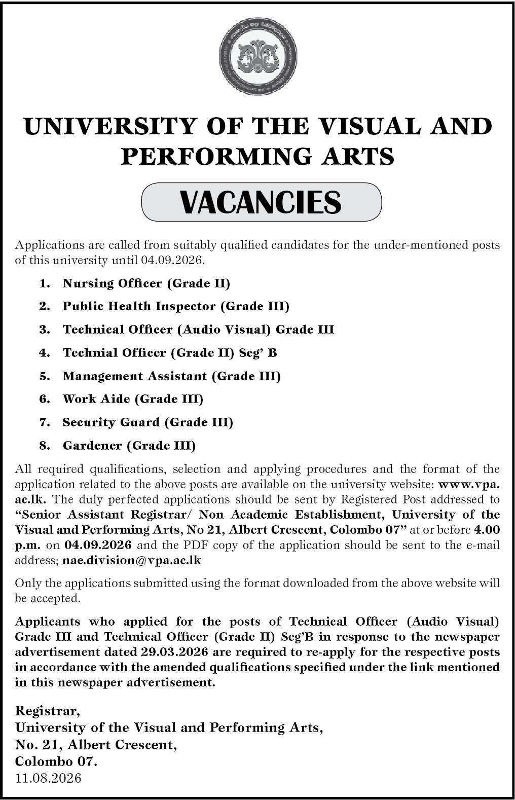 University of the Visual and Performing Arts (UVPA) Vacancies 2026 August