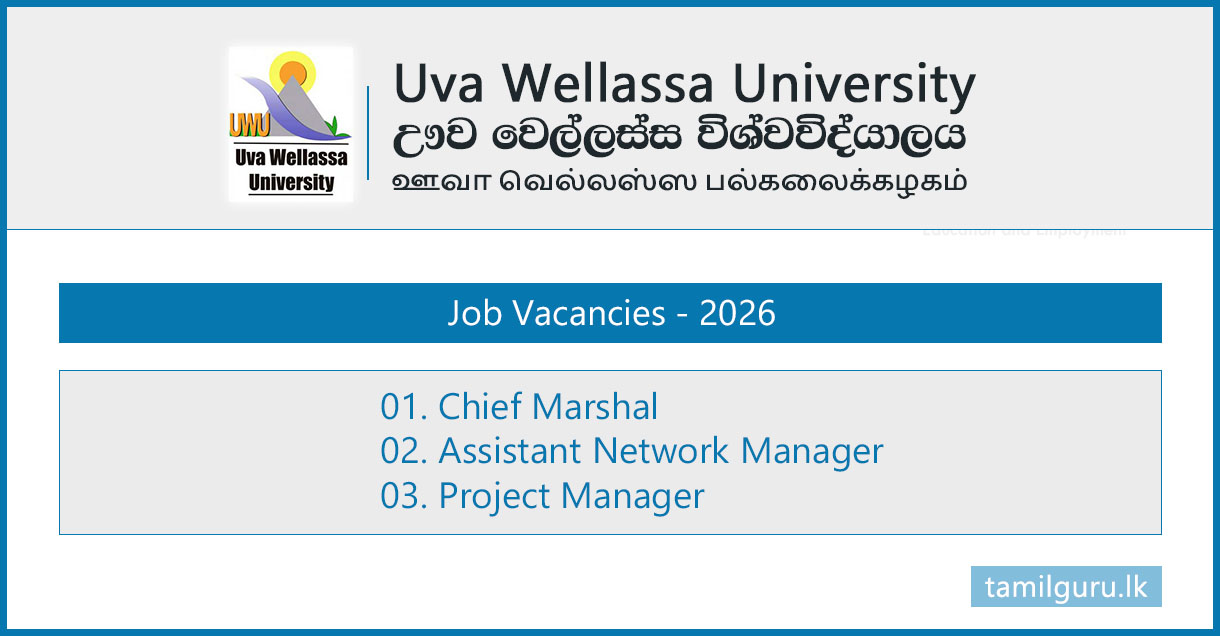 Uva Wellassa University Vacancies 2026 - Chief Marshal, Assistant Network Manager, Project Manager