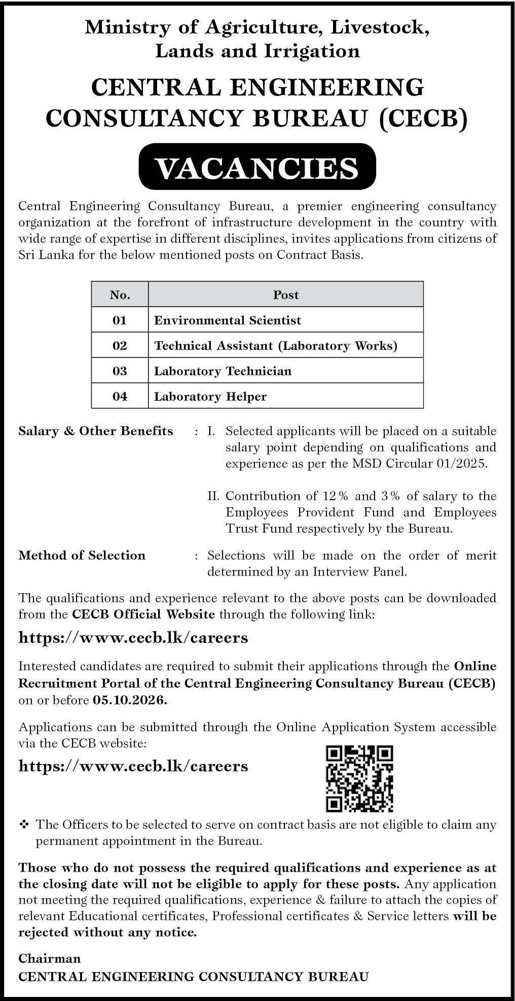 CECB Vacancies 2026 - Environmental Scientist, Technical Assistant (Lab Works), Lab Technician & Helper