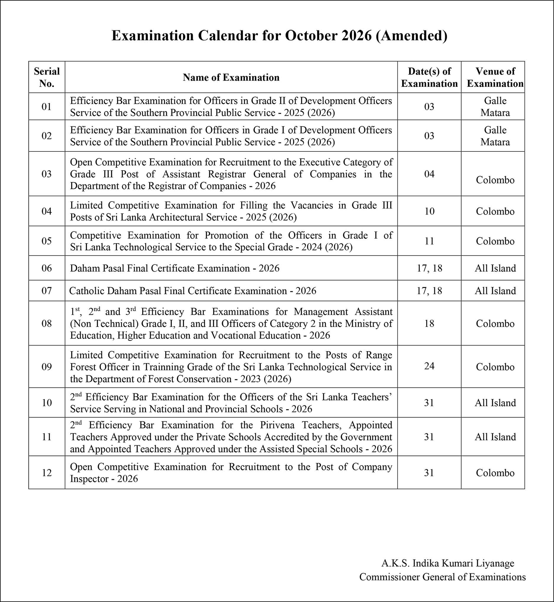 Examination Calendar for October 2026 (Amended) - Department of Examinations
