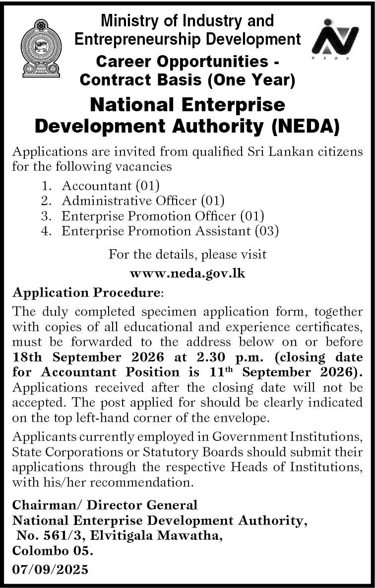 NEDA Vacancies 2026 - Accountant, Admin Officer, Enterprise Promotion Officer, Enterprise Promotion Asst