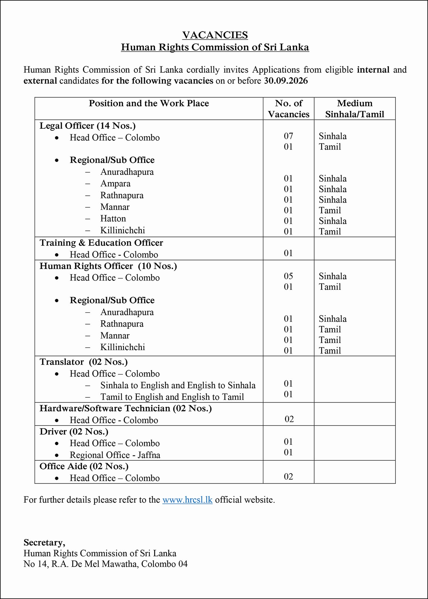Human Rights Commission (HRCSL) Vacancies 2026 September