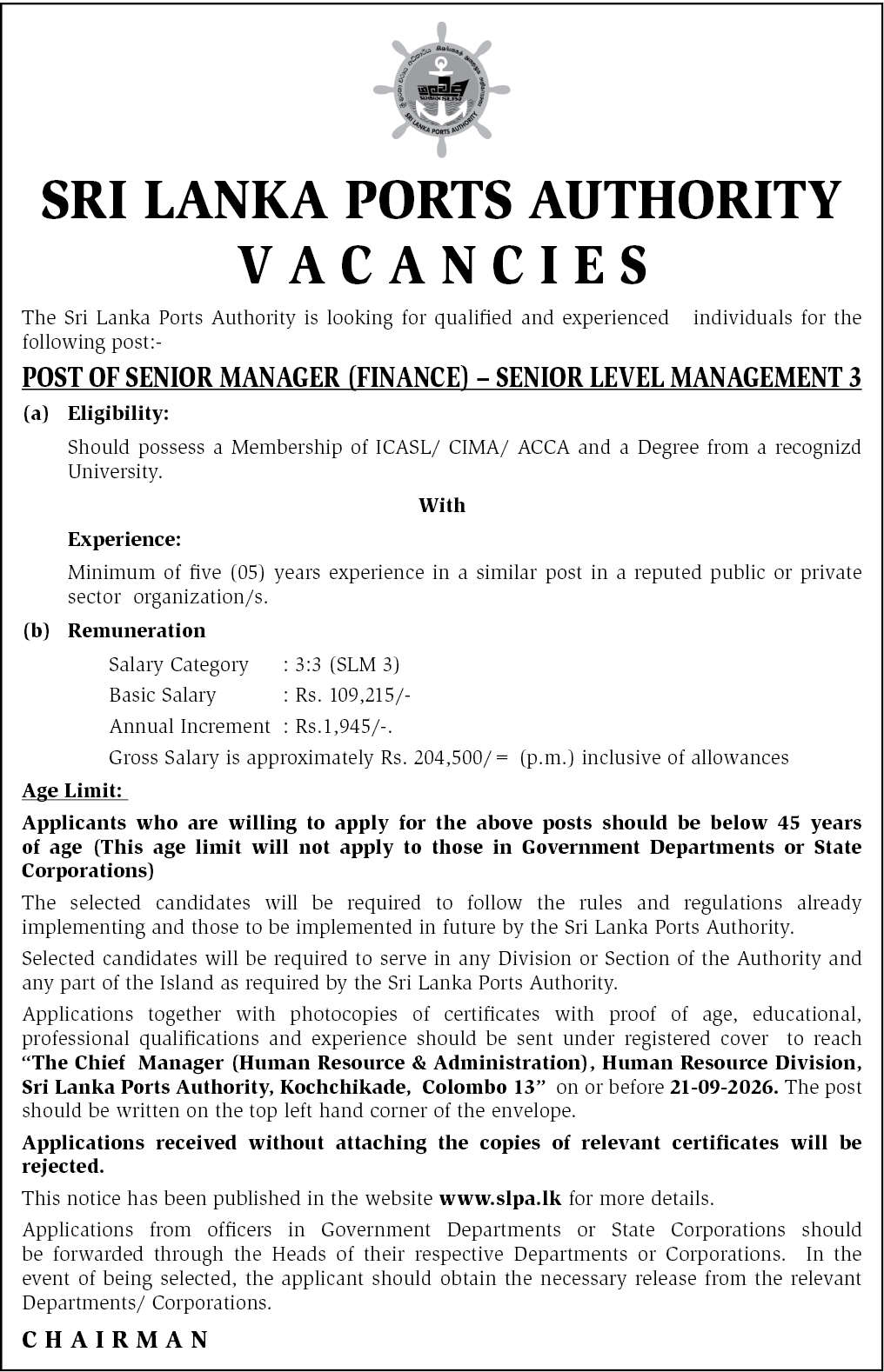 Sri Lanka Ports Authority (SLPA) Senior Manager (Finance) Vacancies 2026