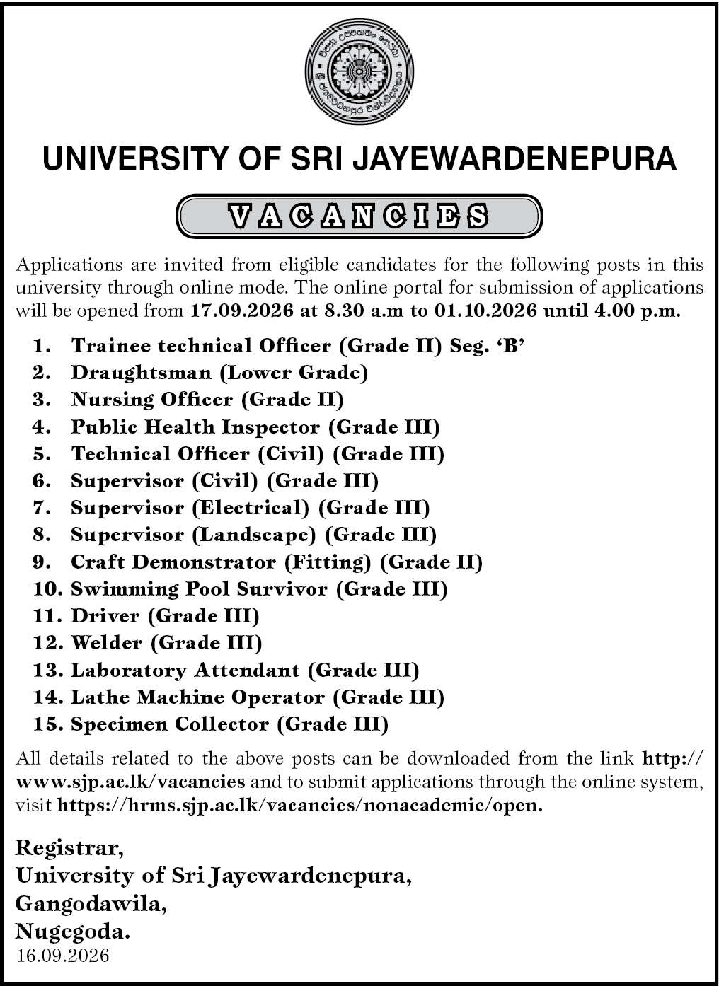 University of Sri Jayewardenepura Vacancies 2026 Sep 17