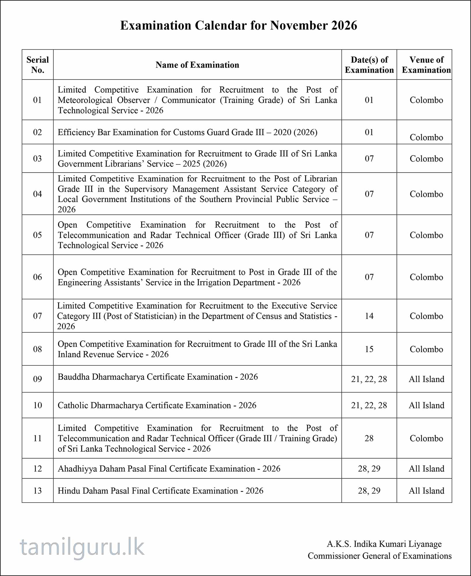 Examination Calendar for November 2026 - Department of Examinations