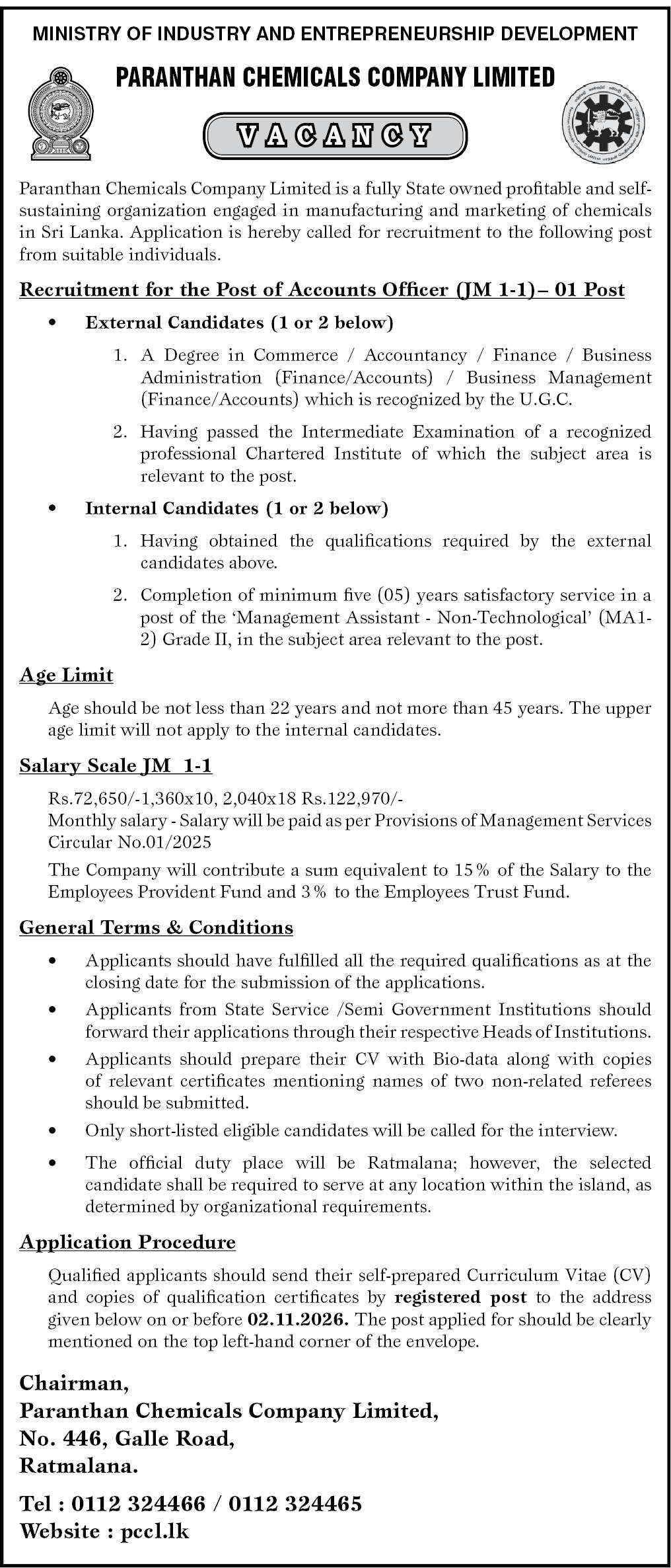 Paranthan Chemicals Company Accounts Officer Vacancies 2026