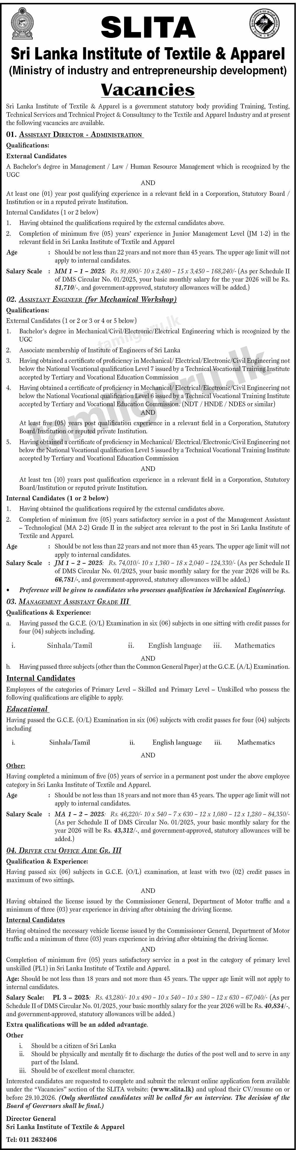 SLITA Vacancies 2026 - MA, Assistant Director, Assistant Engineer, Driver Cum Office Aide
