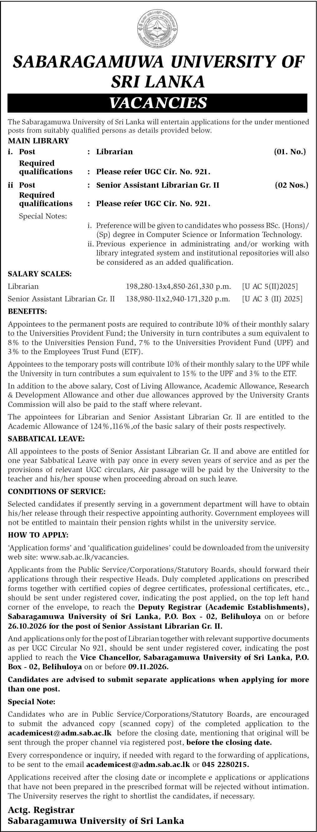 Sabaragamuwa University - Librarian Vacancies 2026