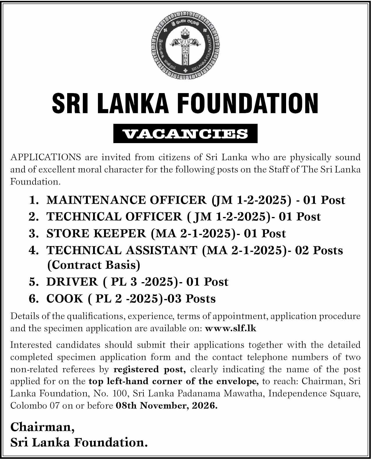 Sri Lanka Foundation (SLF) Vacancies 2026 - Maintenance Officer, TO, Store Keeper, Technical Assistant, Driver, Cook