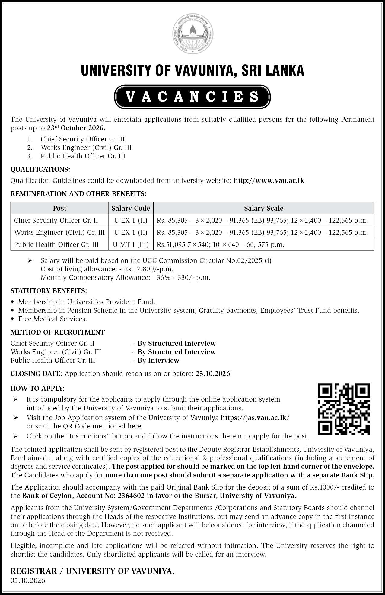 University of Vavuniya Vacancies 2026 - Chief Security Officer, Works Engineer, Public Health Officer